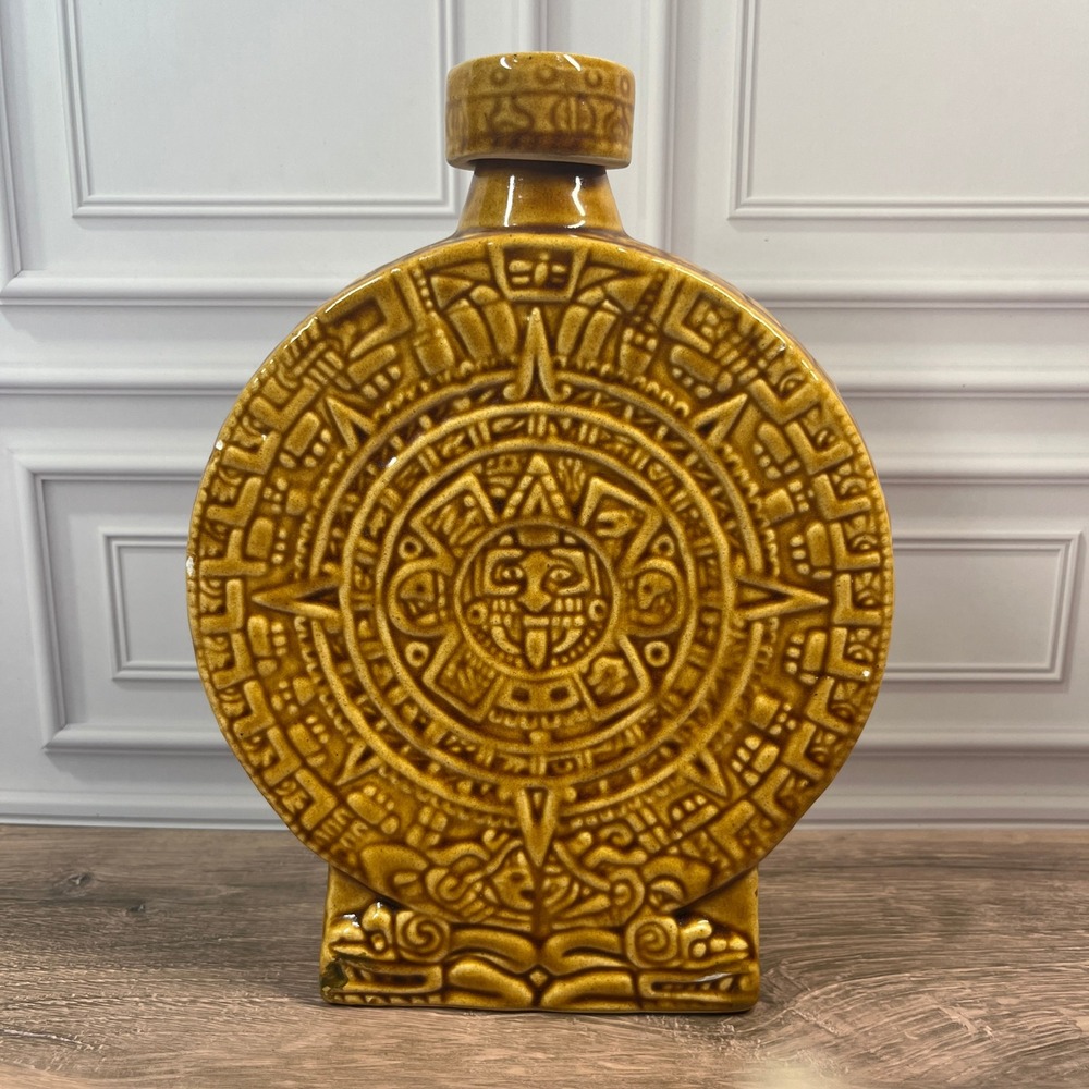 Vintage Aztec Mayan Calendar Ceramic Decanter Bottle Brown Glazed Sun Stone READ